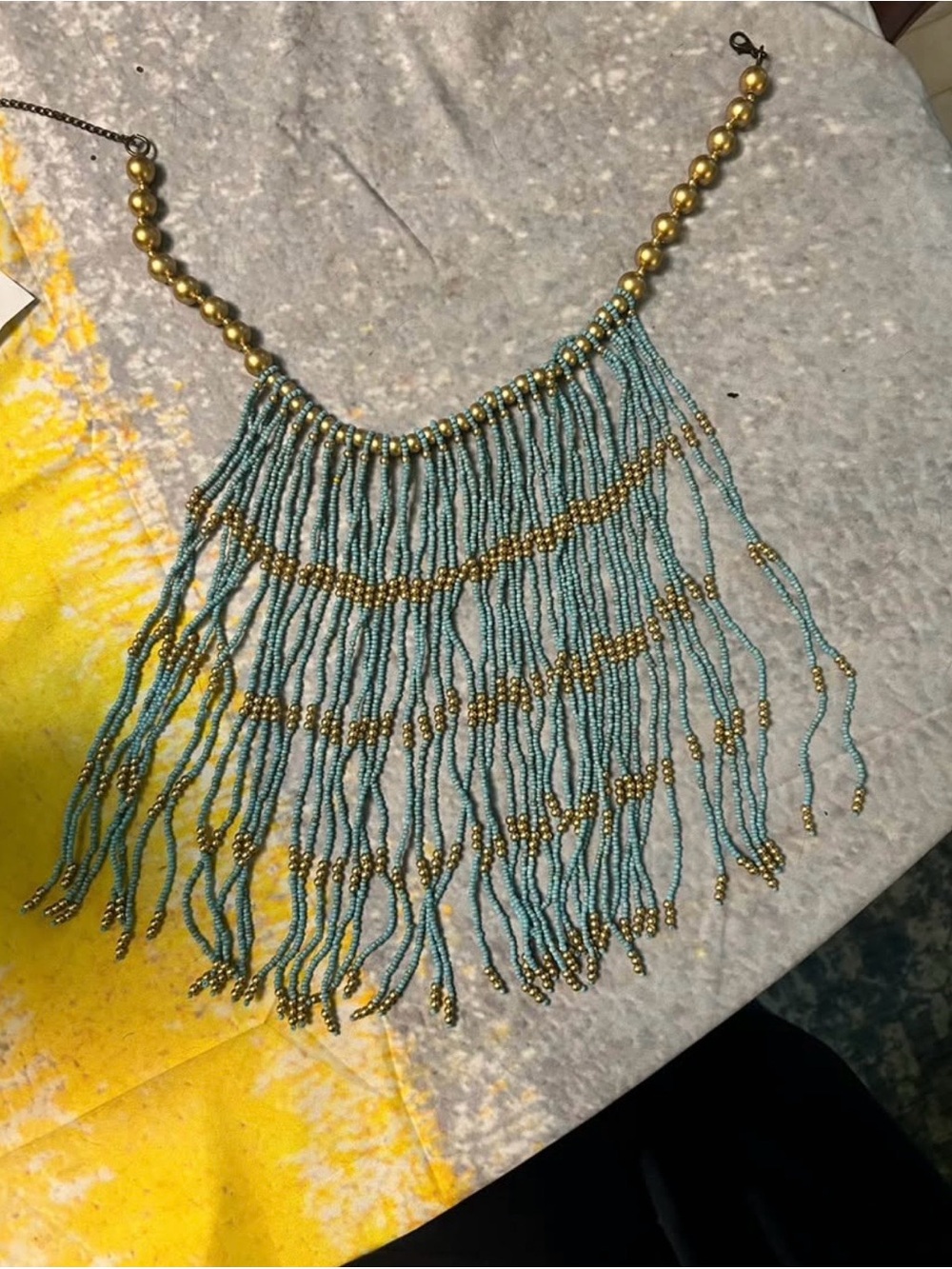 Turquoise and Gold Beaded Fringe Necklace - Women Jewelry